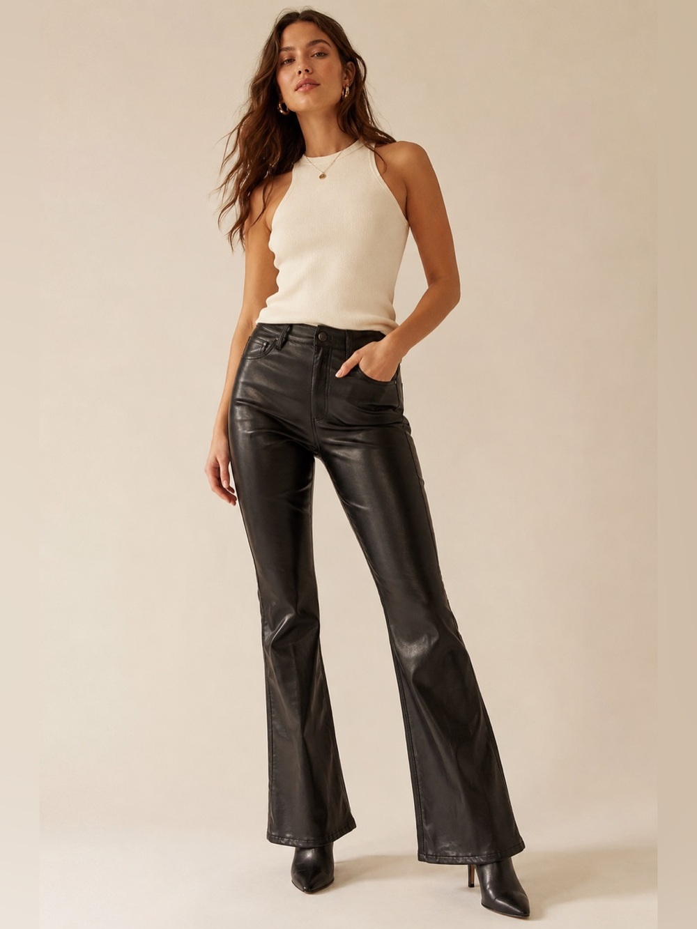 Pistola Black Faux Leather High Rise Flare Pants Jeans 5 Pocket Size 30